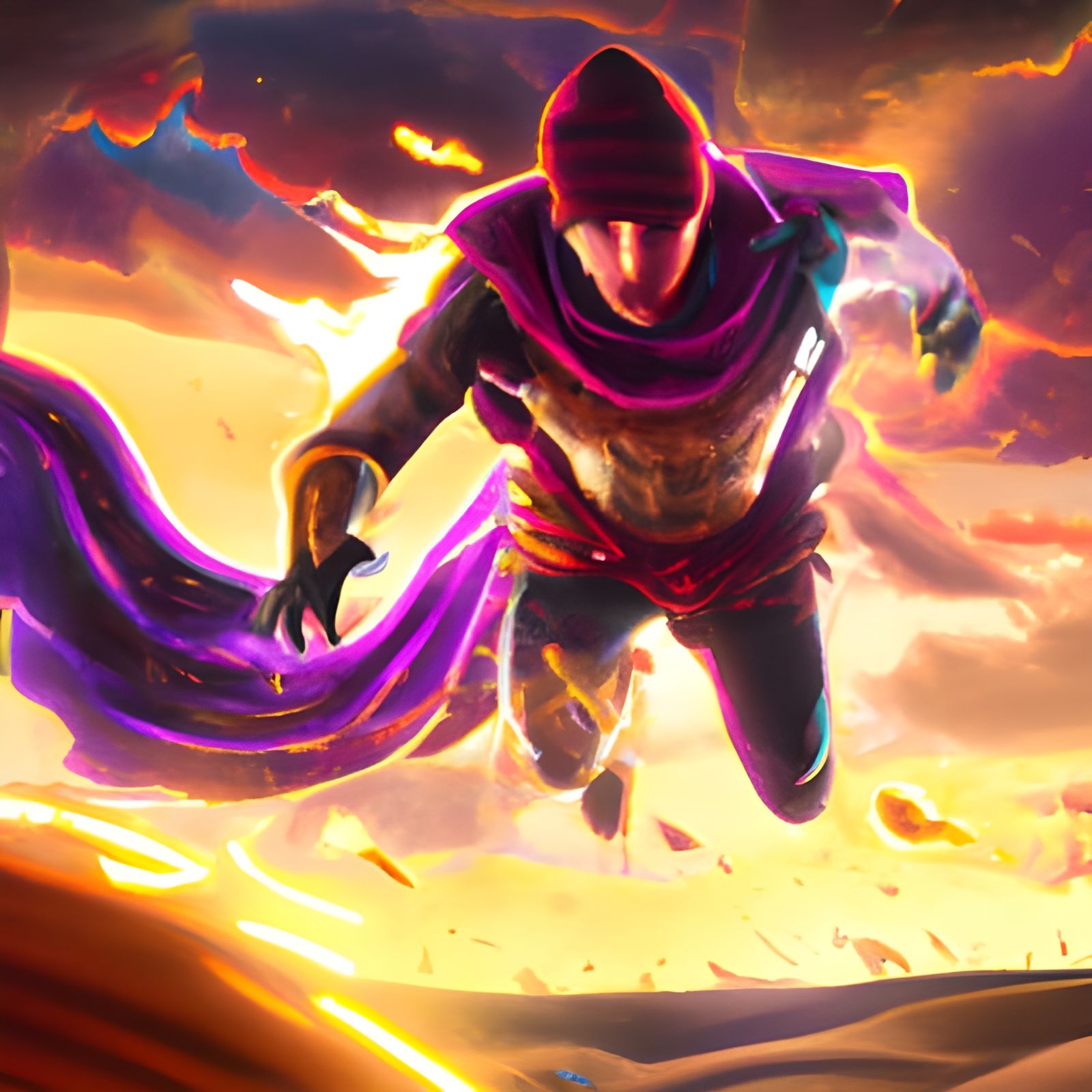 Superhero Flies Through Flaming Desert in Digital Art