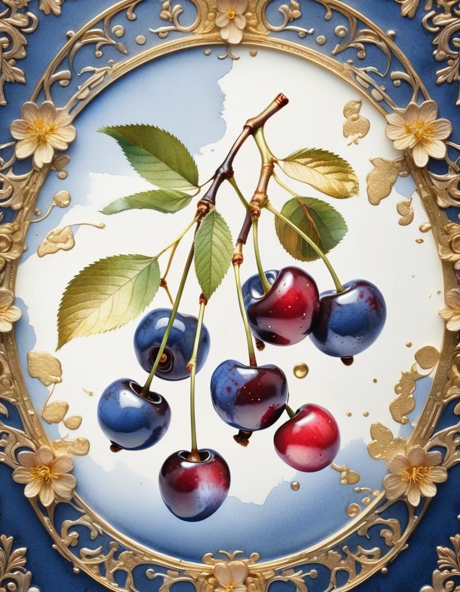 Watercolor Cherries with Gold Accents