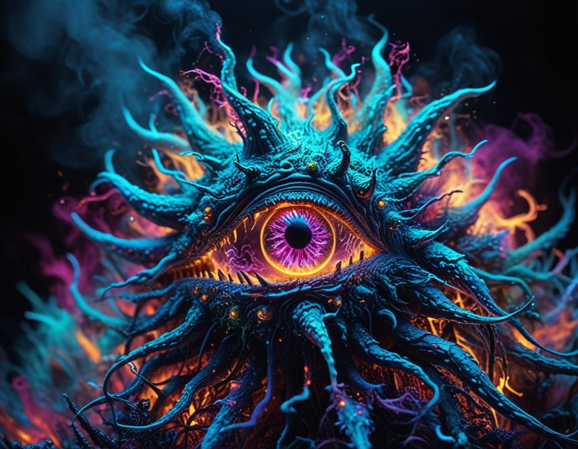 Surreal Neon Monstrosity in Psychedelic Mist