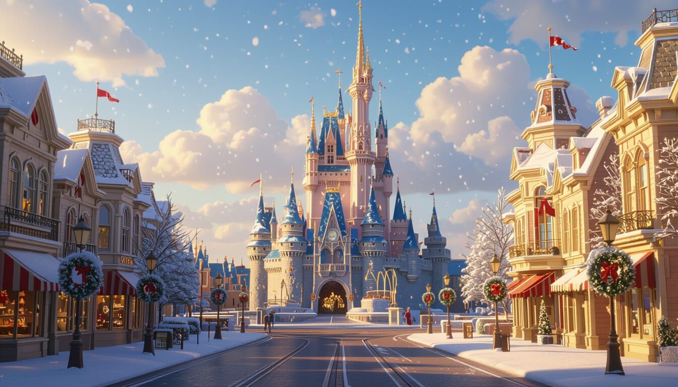 Disney-Style Magical Castle in Festive Christmas Street