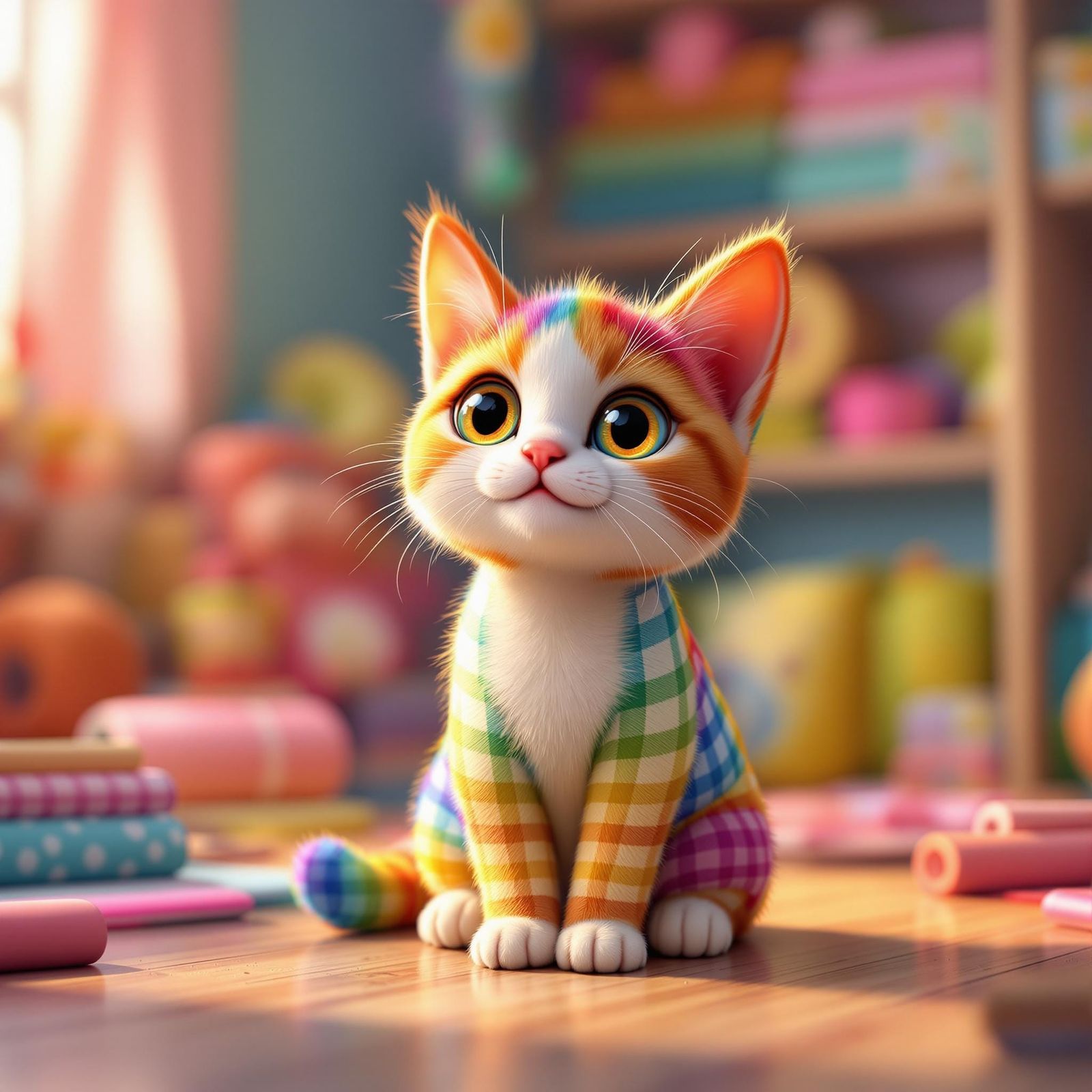 Vibrant Gingham Cat in Playful Room