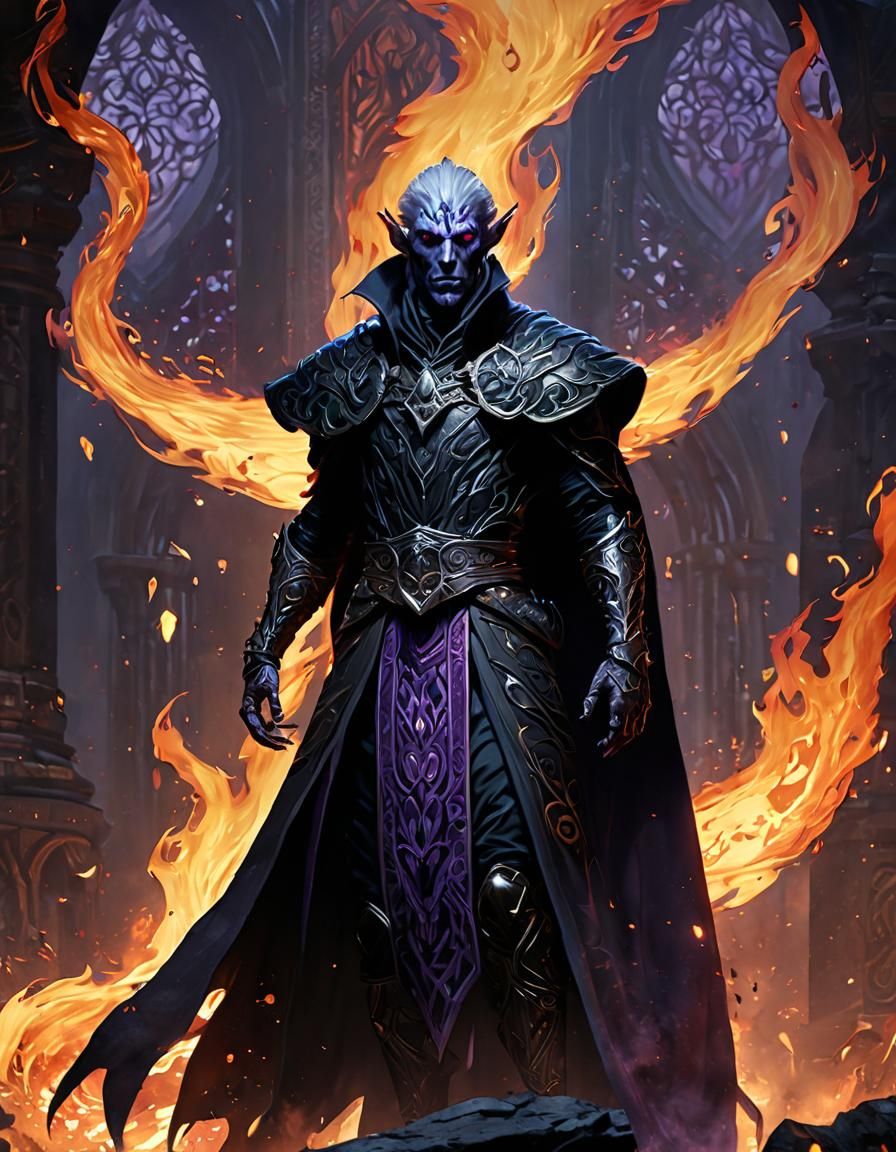 Dark Elf Engulfed in Flames, Fantasy Art