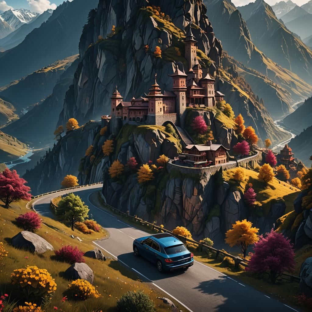 Car on Himachal Way: Detailed Matte Painting