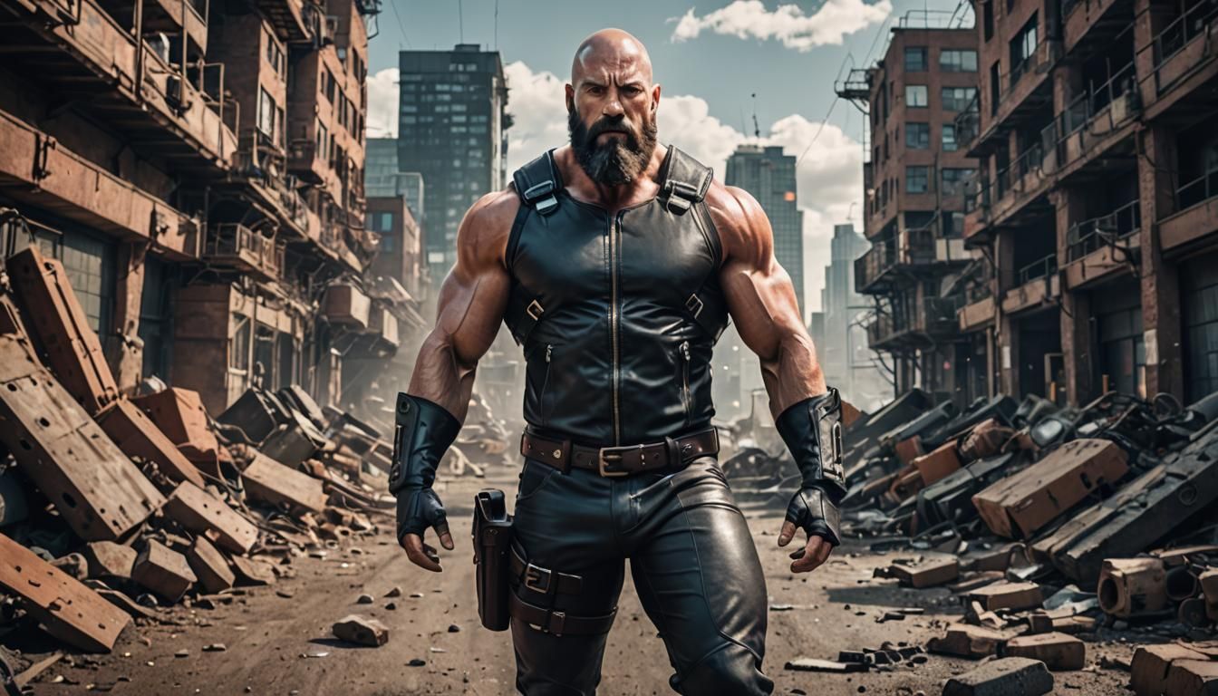 Muscular Bald Man in Leather Outfit, 8K Resolution