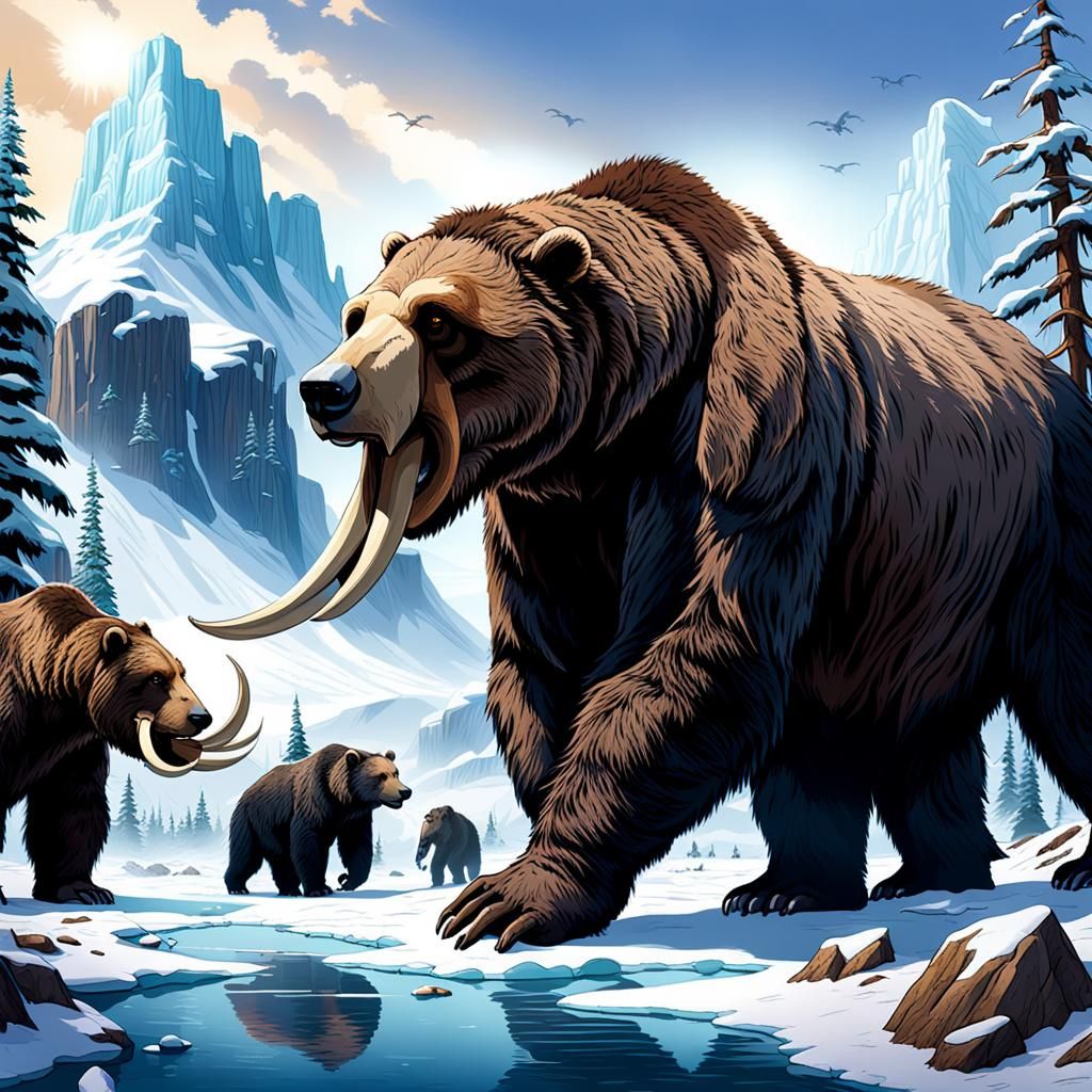 Ice Age North America with giant bears and giant ground sloths and woolly mammoths