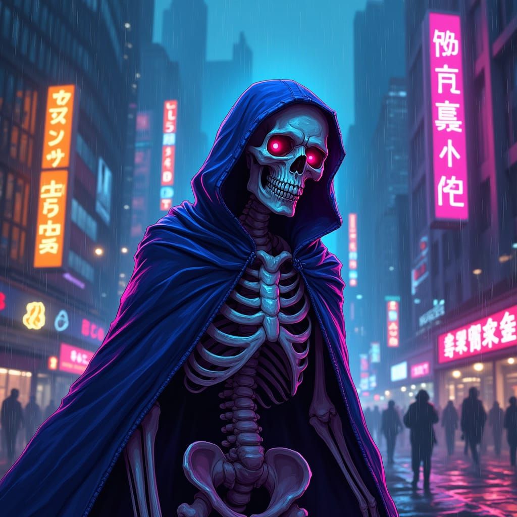 Cyberpunk Grim Reaper in Neon-Lit Cityscape