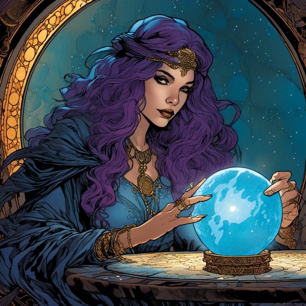 Witch with Purple Hair Gazing into Orb