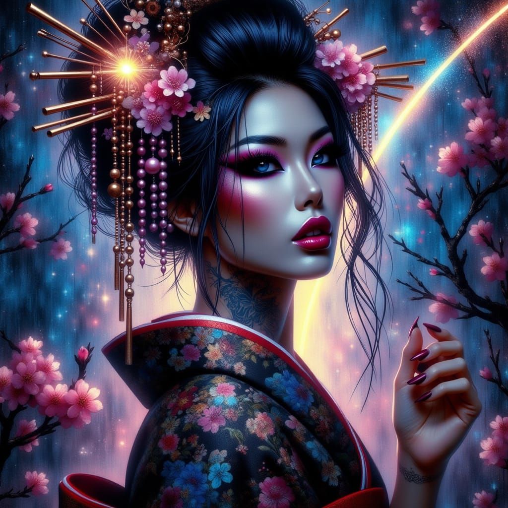 Celestial Geisha in Vibrant Kimono