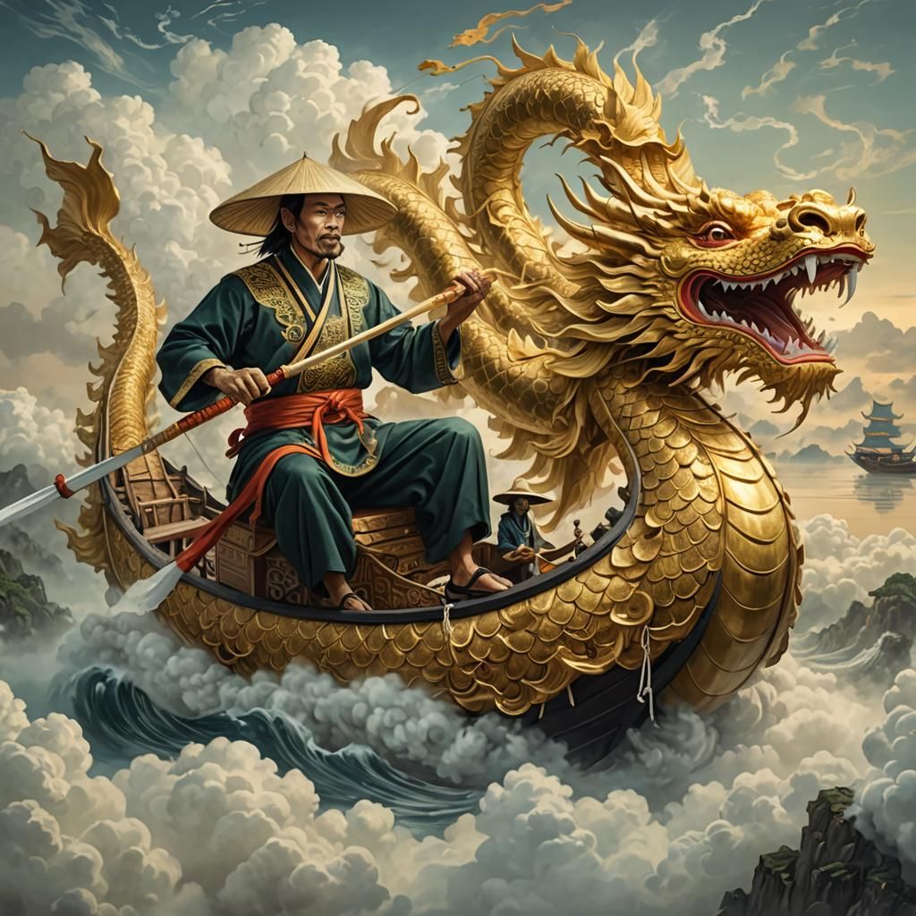 Vietnamese Fisherman on Golden Boat: Surreal Art