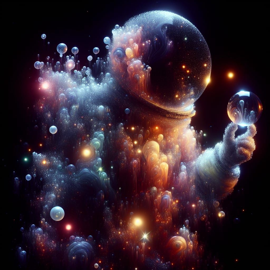 Astronaut in Starry Cosmos Holding Sparkling Mushroom