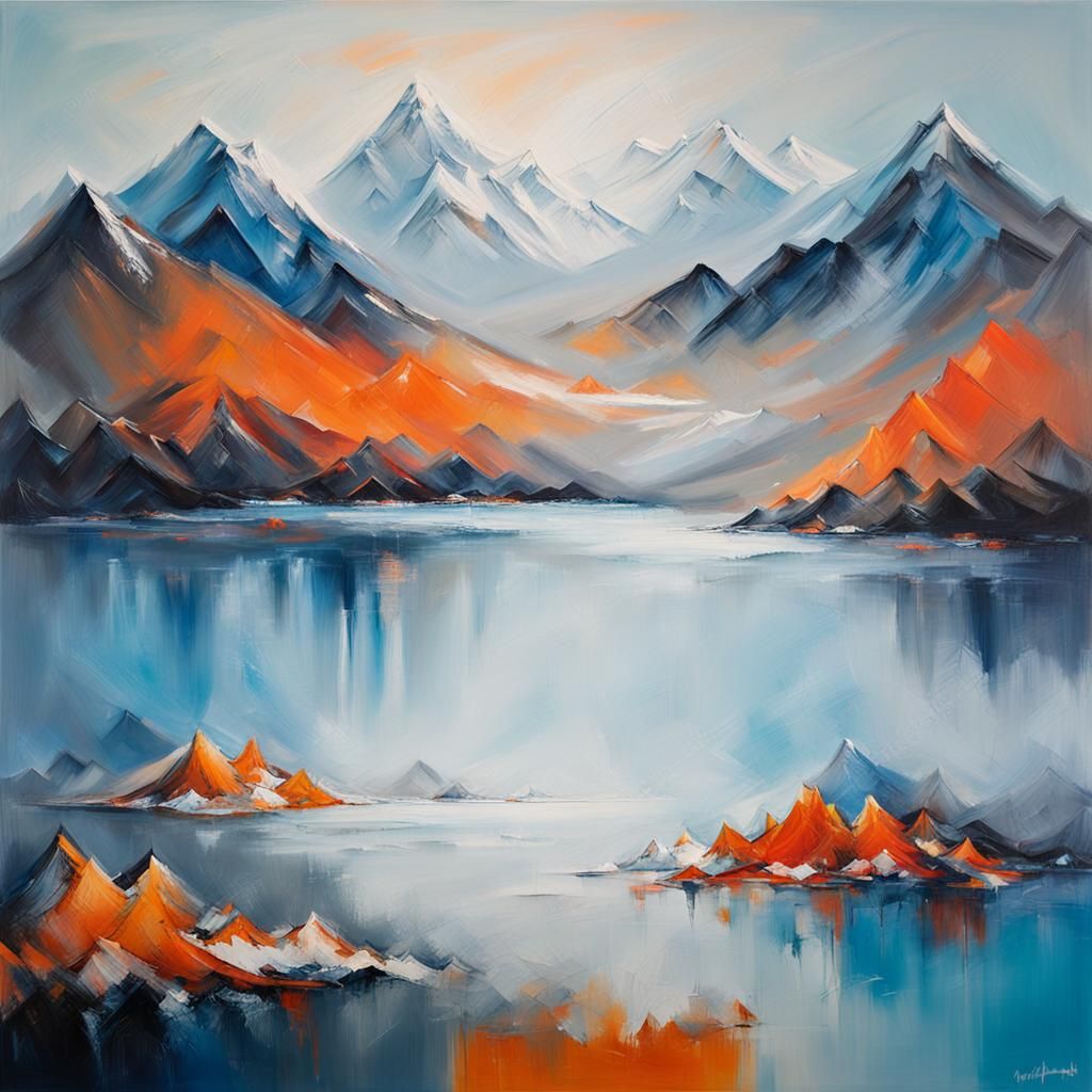 Abstract Expressionist Mountains Meet Frozen Lake