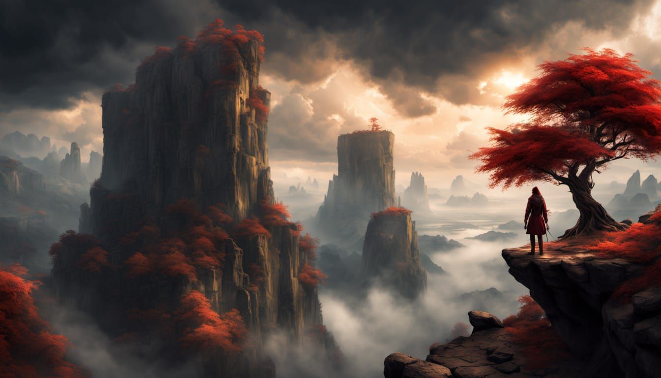 Epic Fantasy Warriors Stand at the Edge of a Treacherous Lan...