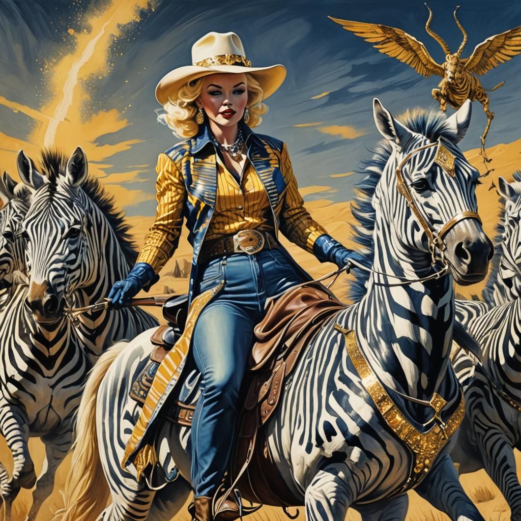 Cowgirl Rides Zebra: Vibrant Fantasy Art