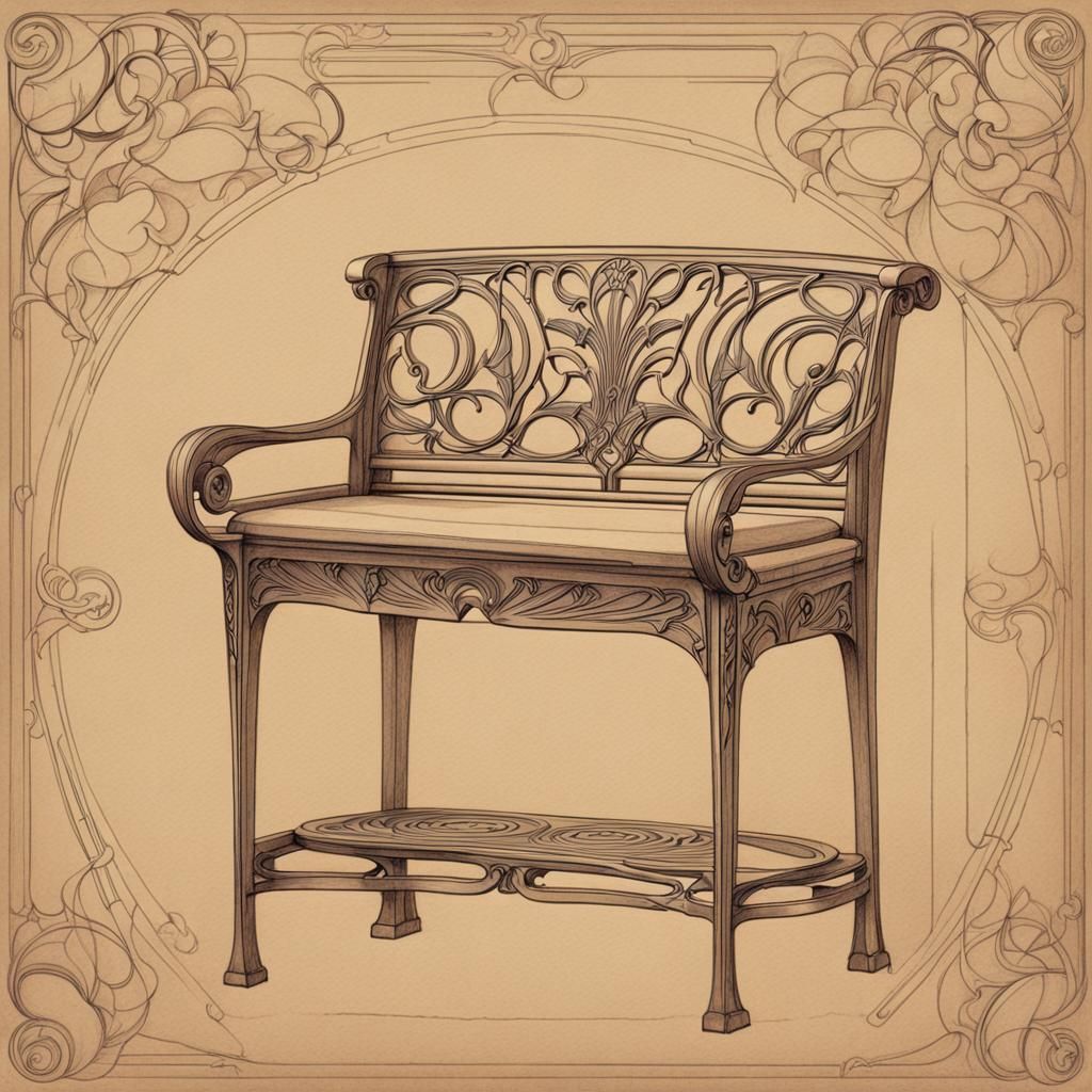Art Nouveau Furniture Sketch on Stained Paper