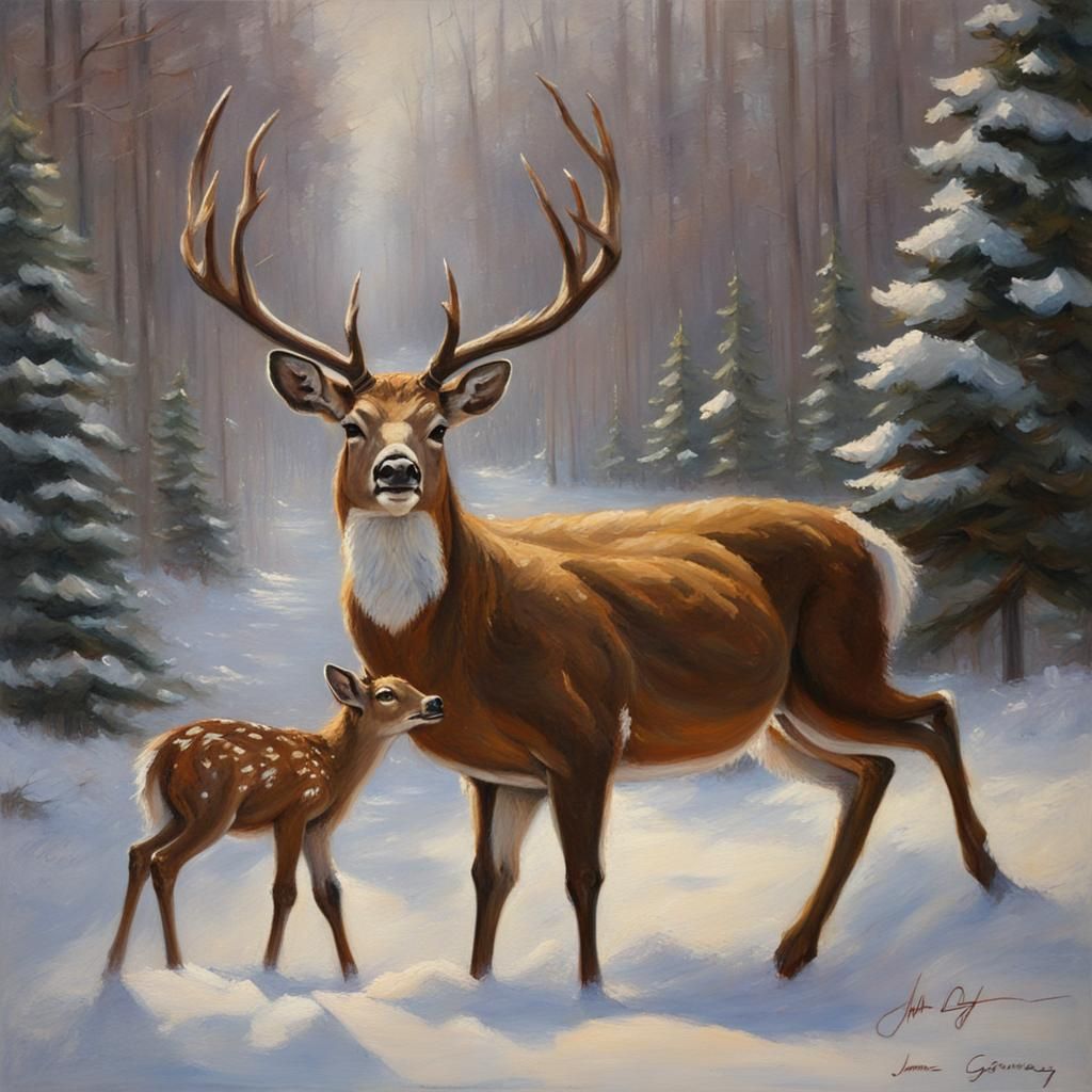 Christmas Deer Oil Painting in Gurney Style