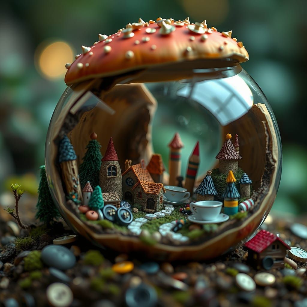 Miniature Mushroom Village in Hyperrealistic Style