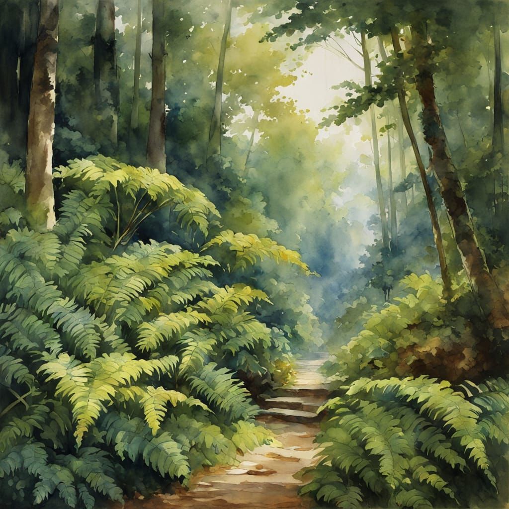 Watercolor Ferns in Pre-Raphaelite Anime Style