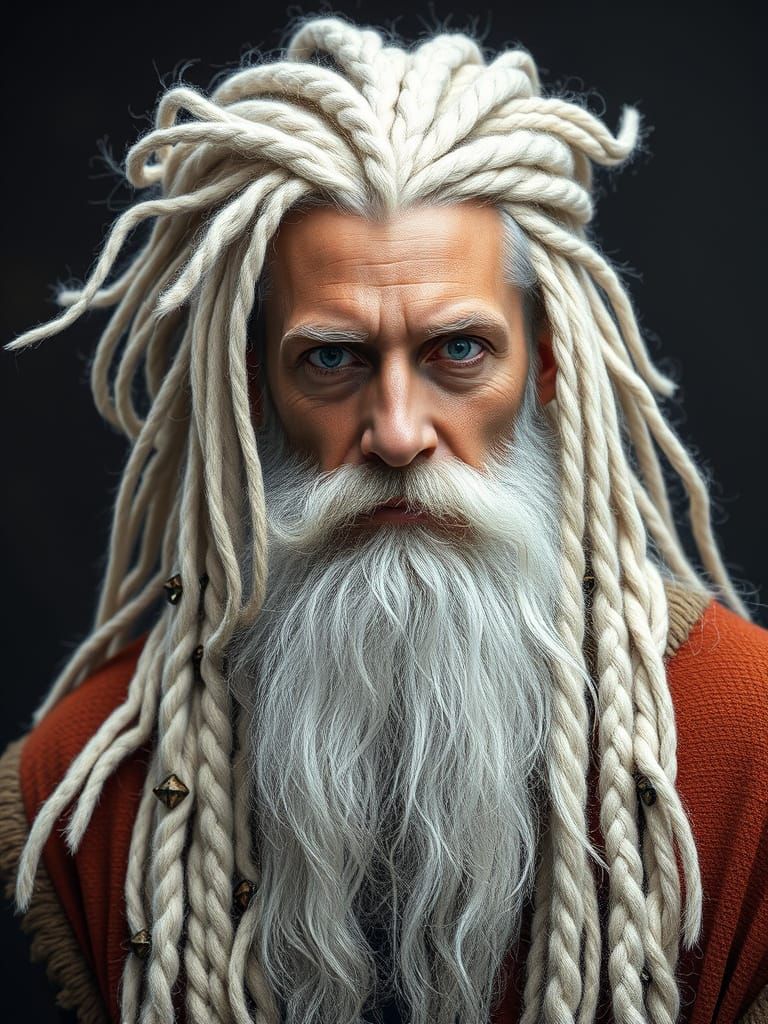 Mystical Druid with Braided Beard and Precious Stones