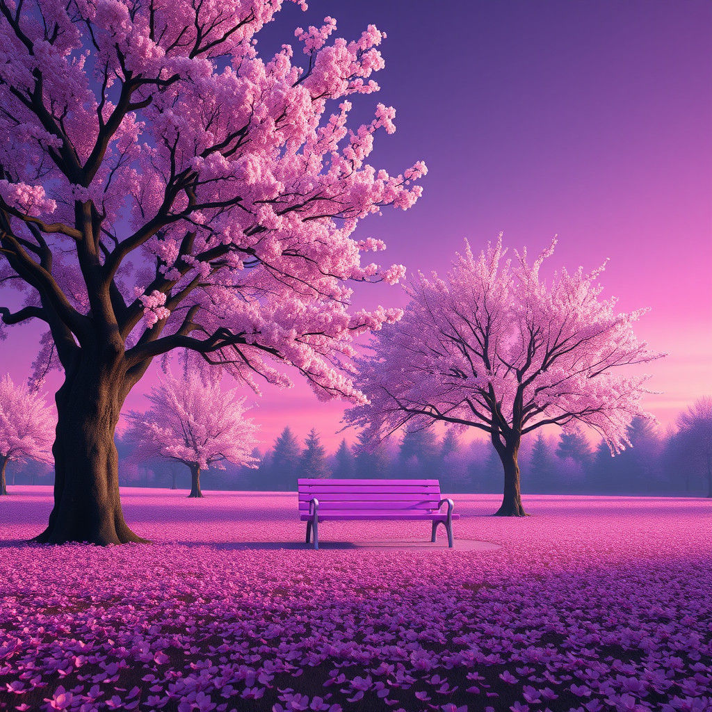Blossom Tree Park with Purple Bench in Fantasy Style