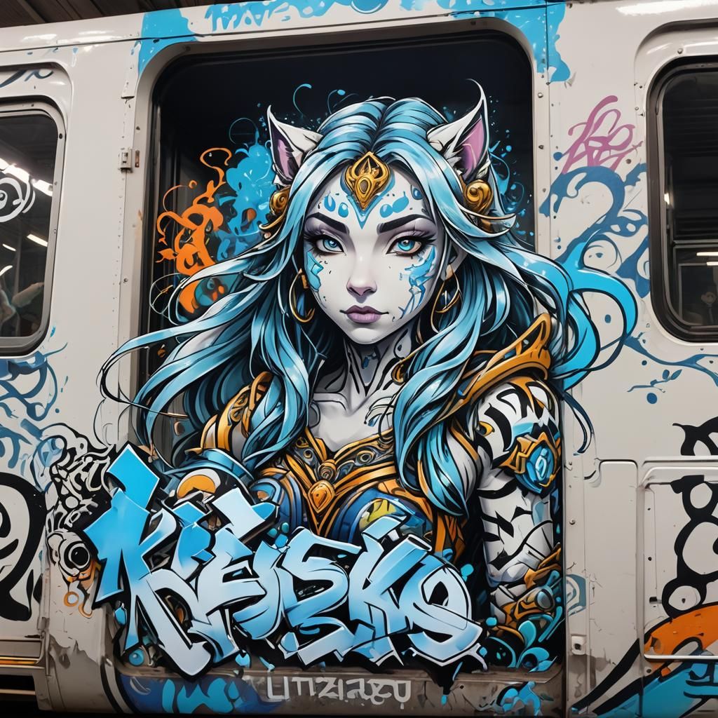 Neon Graffiti Train with Elf Princess and Tiger
