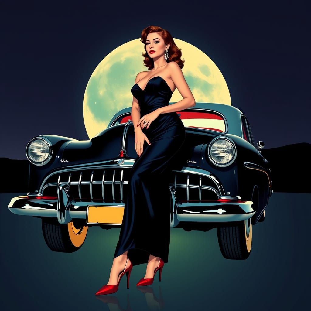 Glamorous Woman Posing by Car in Vargas Style