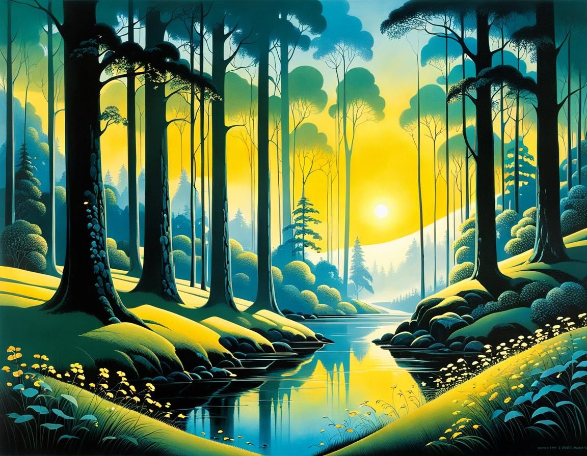 Whimsical Summer Landscape in Golden Light