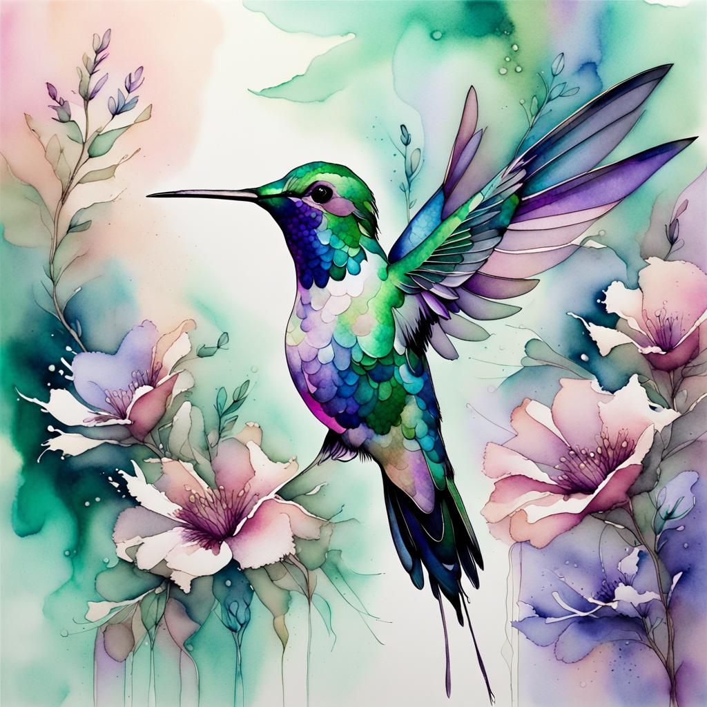 Hummingbird with Iridescent Feathers on Watercolor Bloom