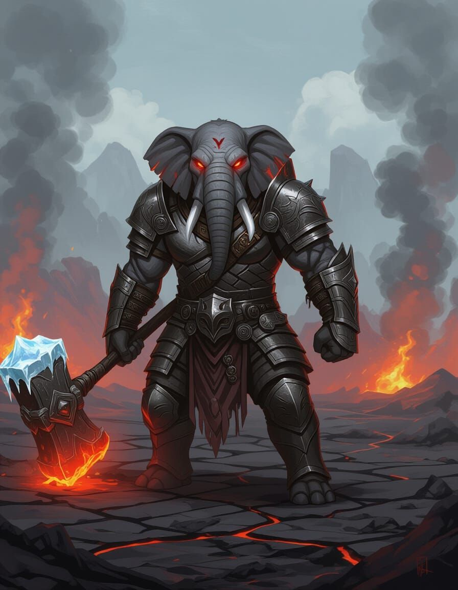 Furious Elephant Warrior in Volcanic Wasteland