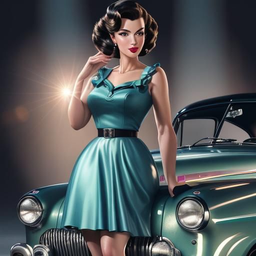 Retro Pin-Up Girl Leaning on Classic Car