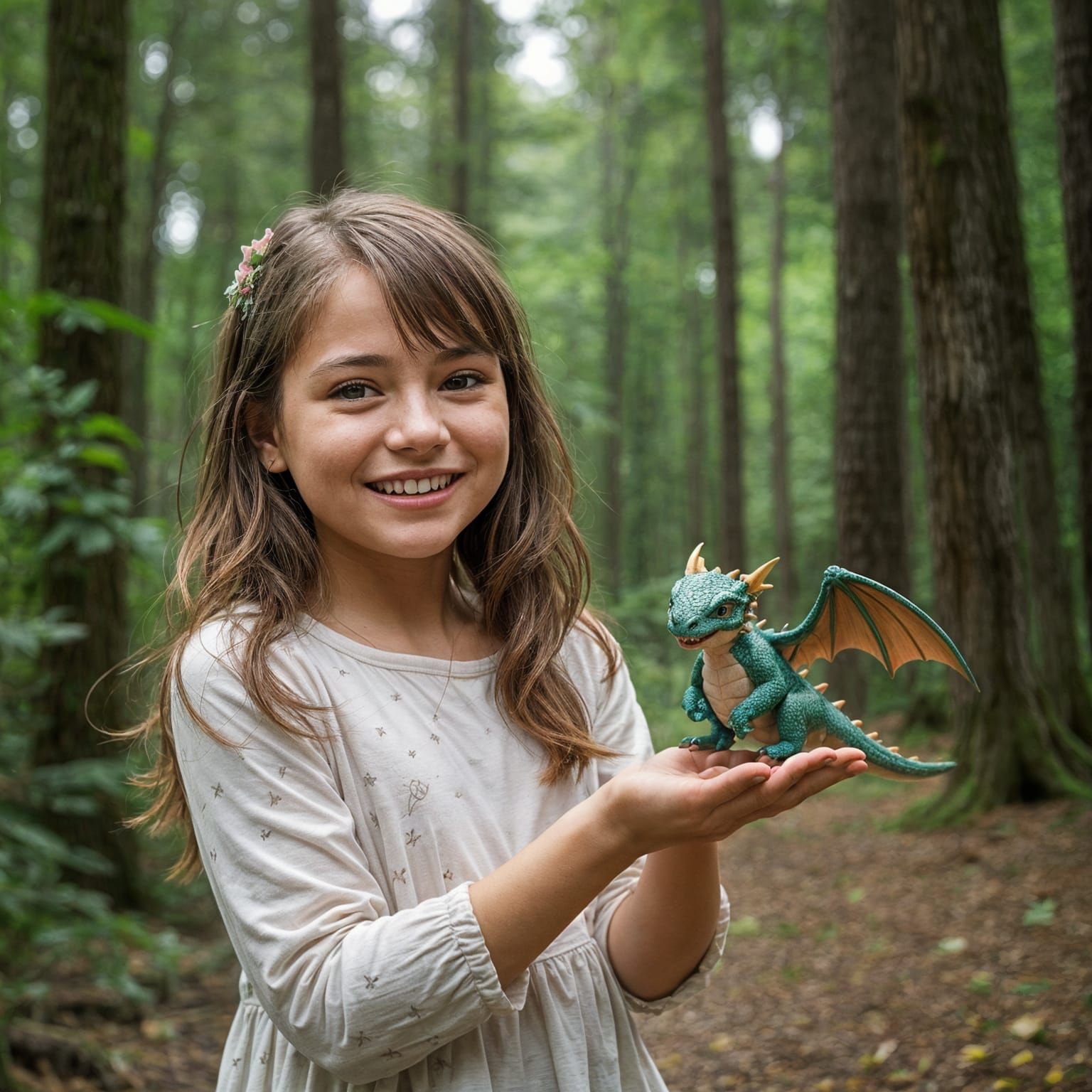 Girl Holding a Dragon in Forest Scene