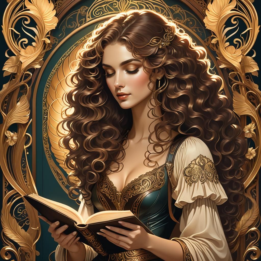 Art Nouveau Woman Reading with Golden Glow