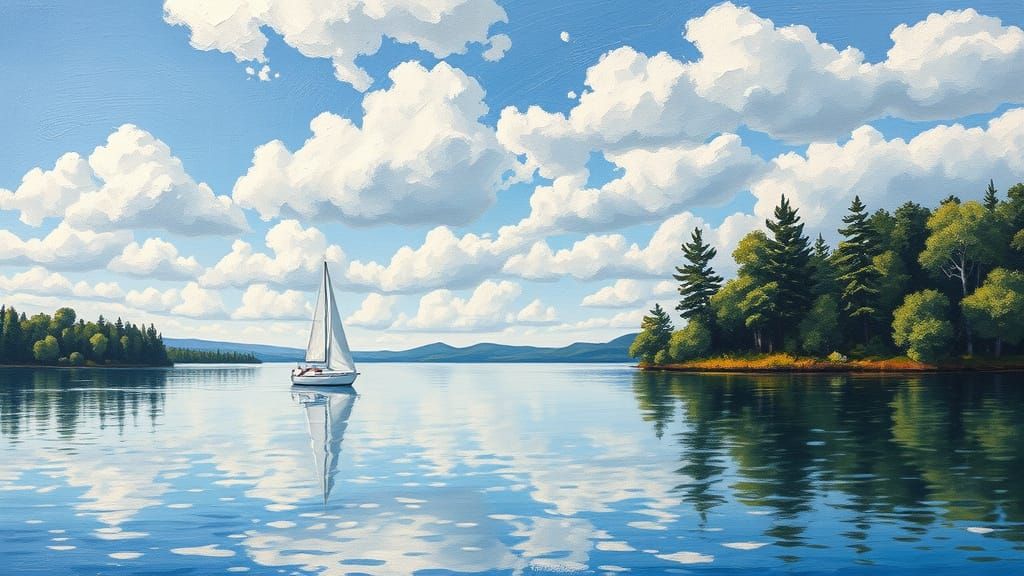 White Sailboat on Lake in Impasto Style