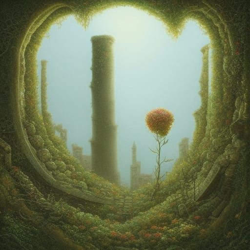 Sunlit Roses in Ancient Ruins, Storybook Illustration