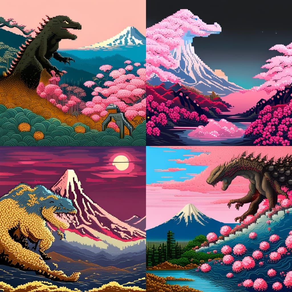 Godzilla Pixel Art with Mount Fuji and Sakura