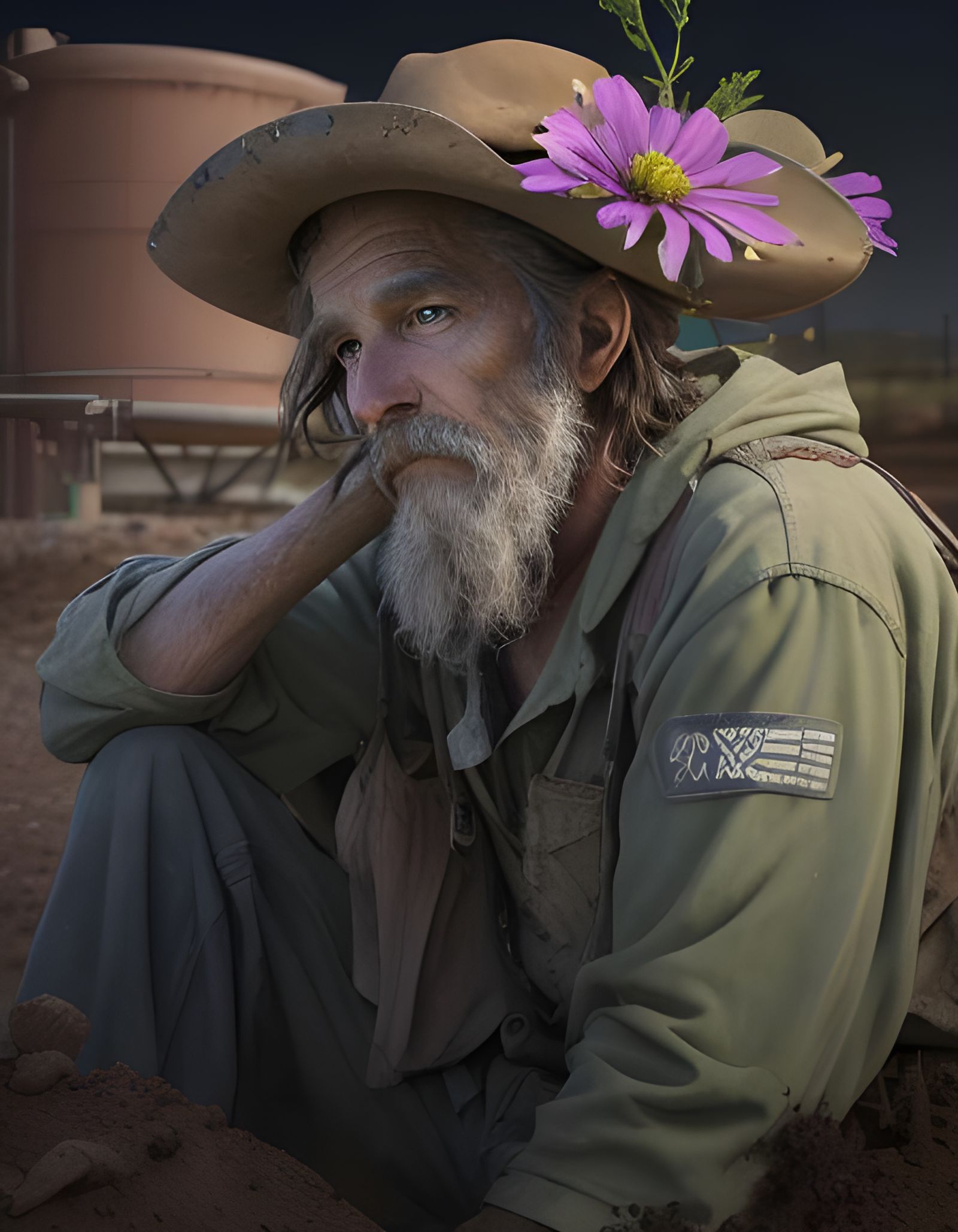Homeless Man and Wildflower by Oil Well
