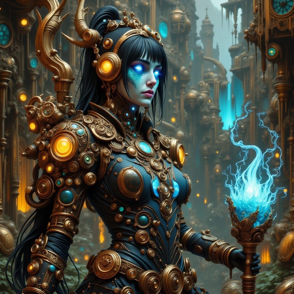 Cyberpunk Sorceress with Steampunk Armor in Alley