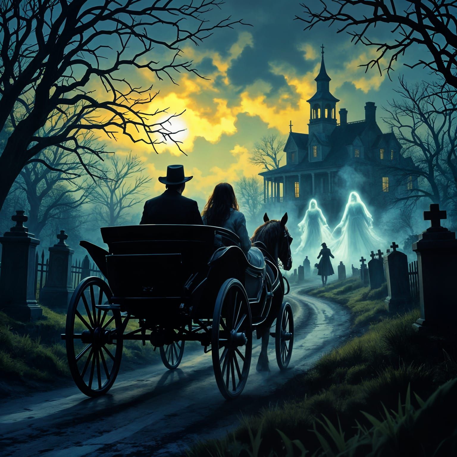 Frightened Couple Encountering Ghosts in Cemetery, Dark Fant...