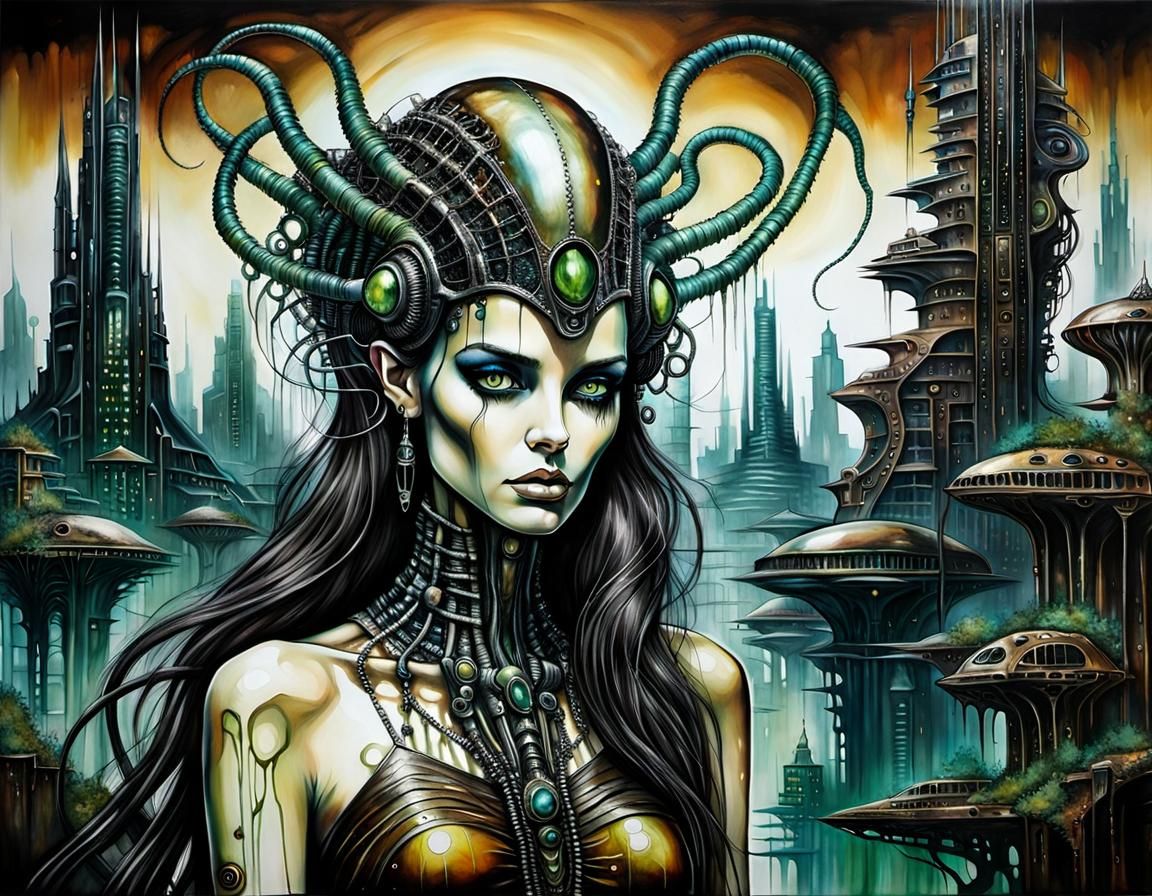 Biopunk Queen in Cityscape at Sunrise