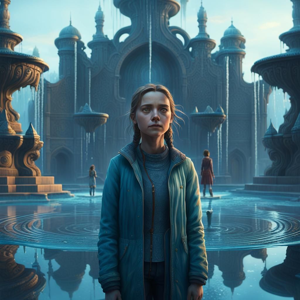 Girl at Mystic Fountain in Fantasy Concept Art Style
