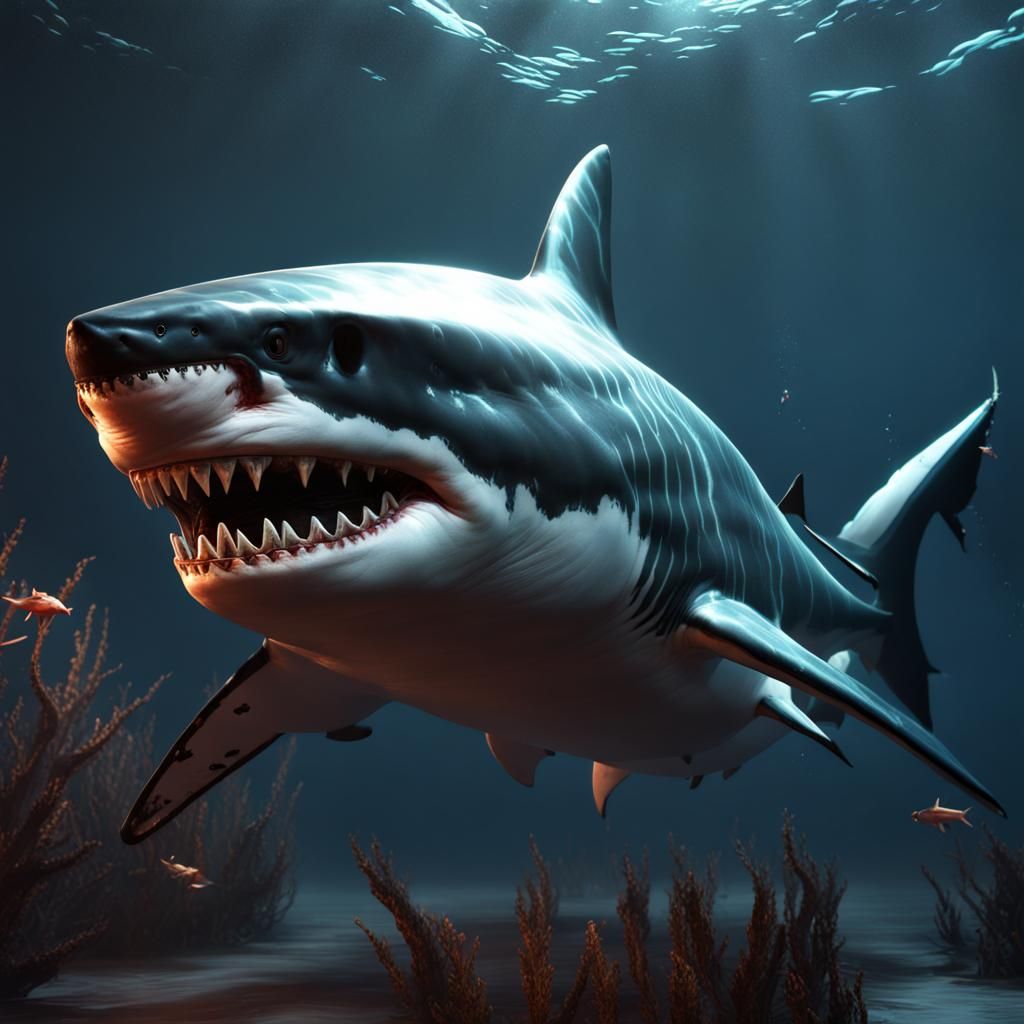 Fantastical Black Great White Shark in Detailed Matte Painti...