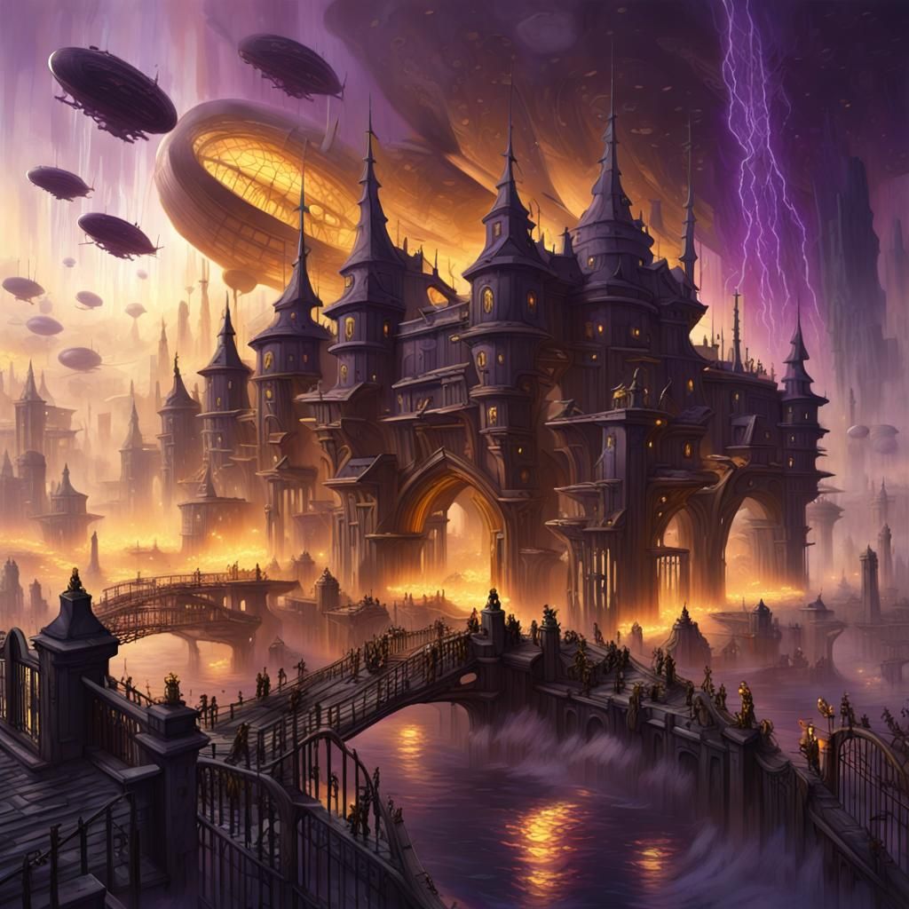 Epic Floating City Besieged in Dark Fantasy Style
