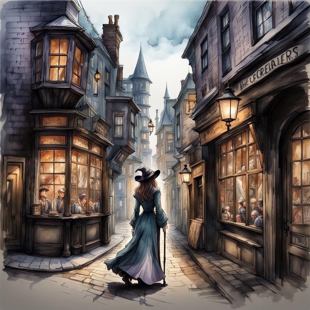 Elegant Sorceress in Diagon Alley: Watercolor Concept Art