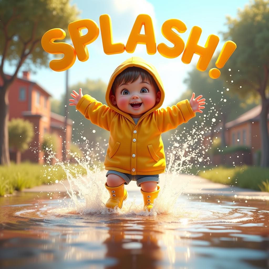 Toddler's Joyful Splash in Pixar-Inspired Summer Scene