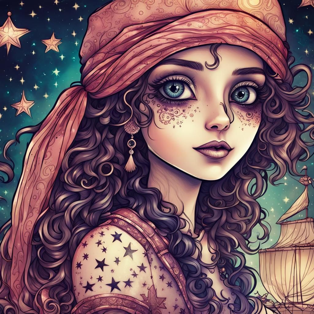 Pirate Girl Portrait with Moon and Stars