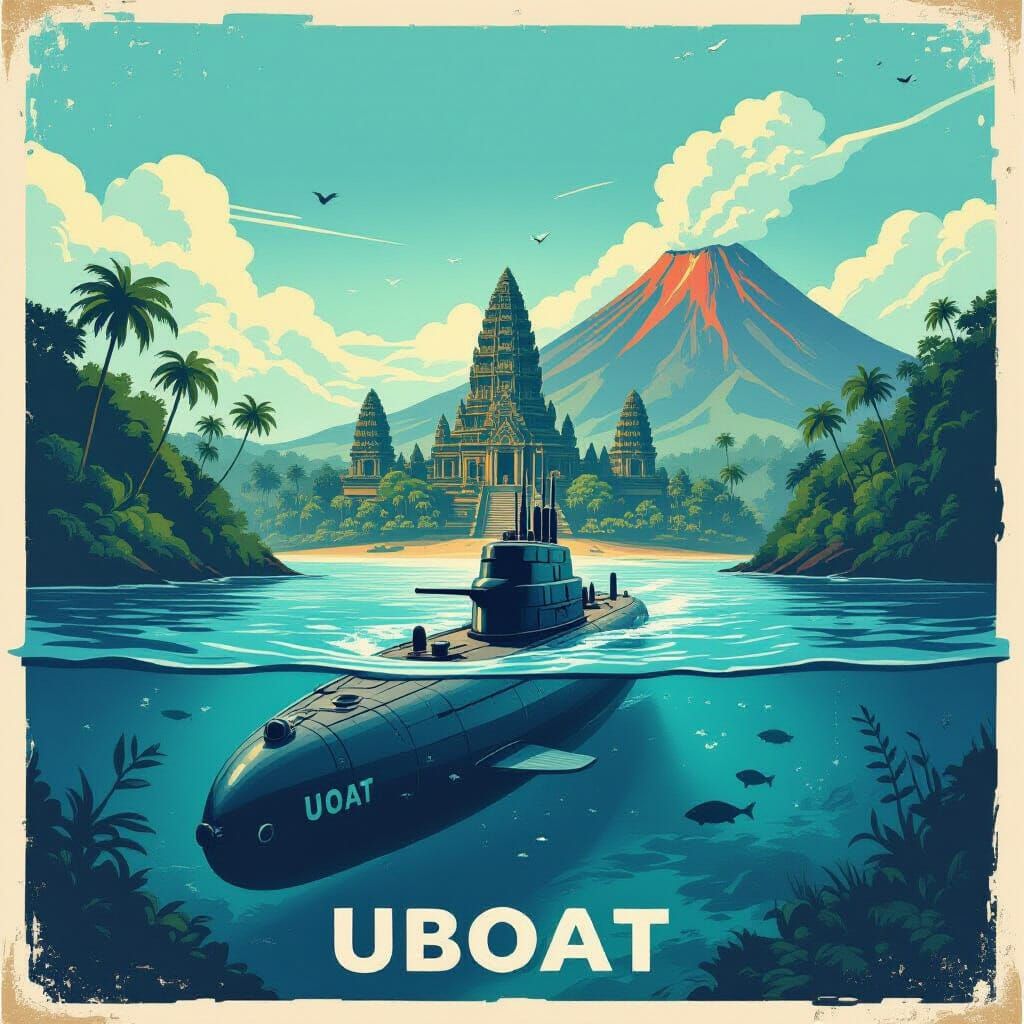 Submarine UBOAT in Bay with Jungle Temple and Volcano