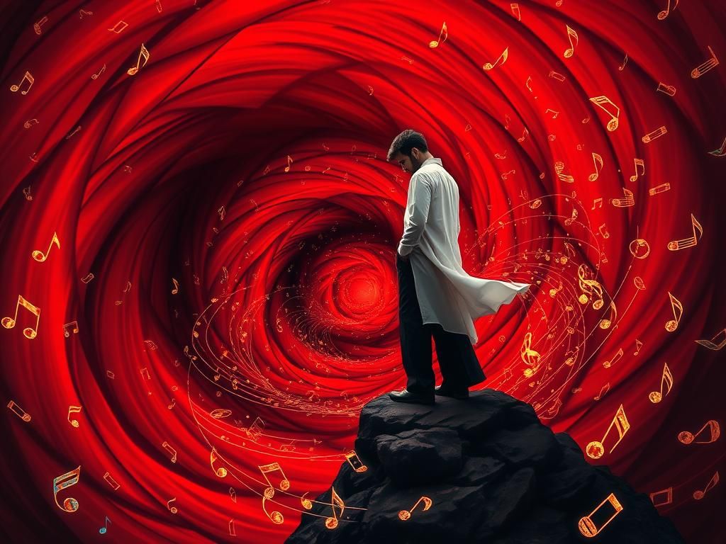 Musician at Vortex of Swirling Music Notes