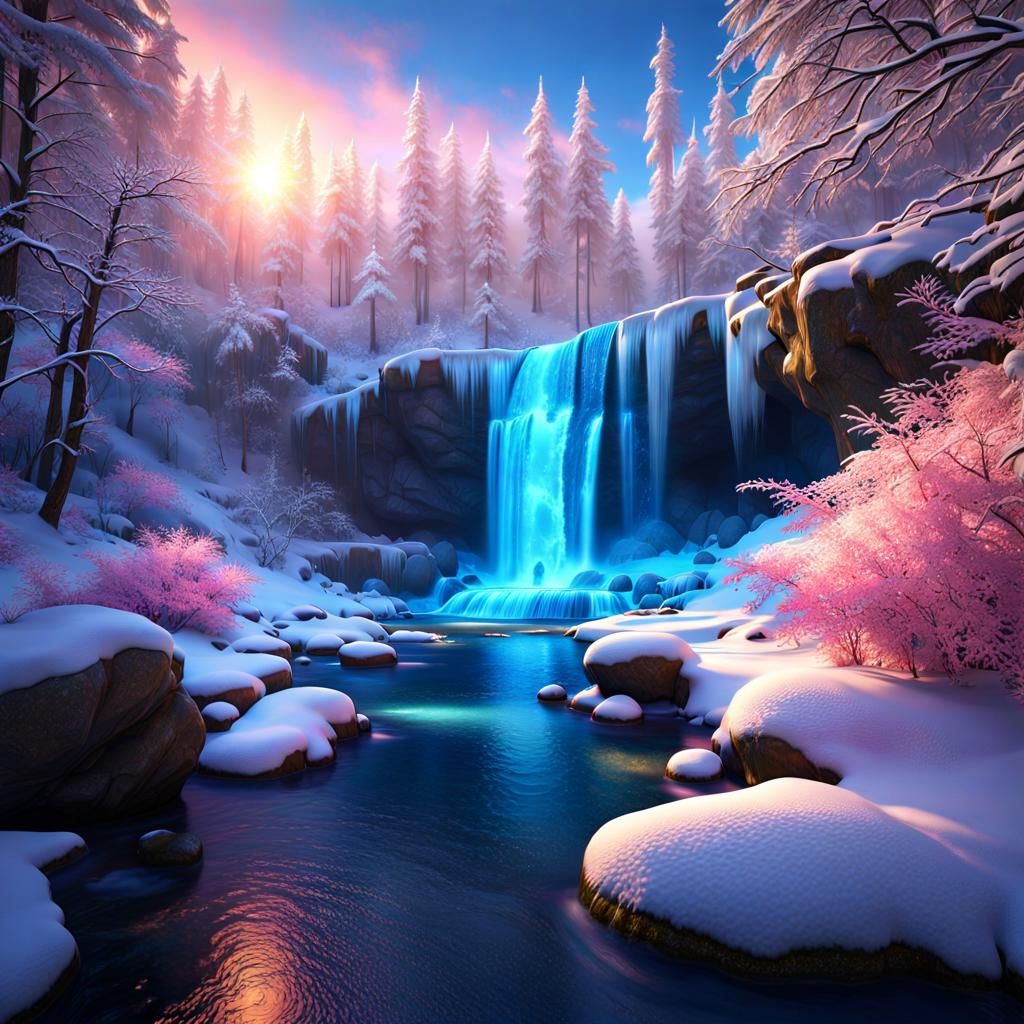 Enchanted Winter River Valley at Golden Hour