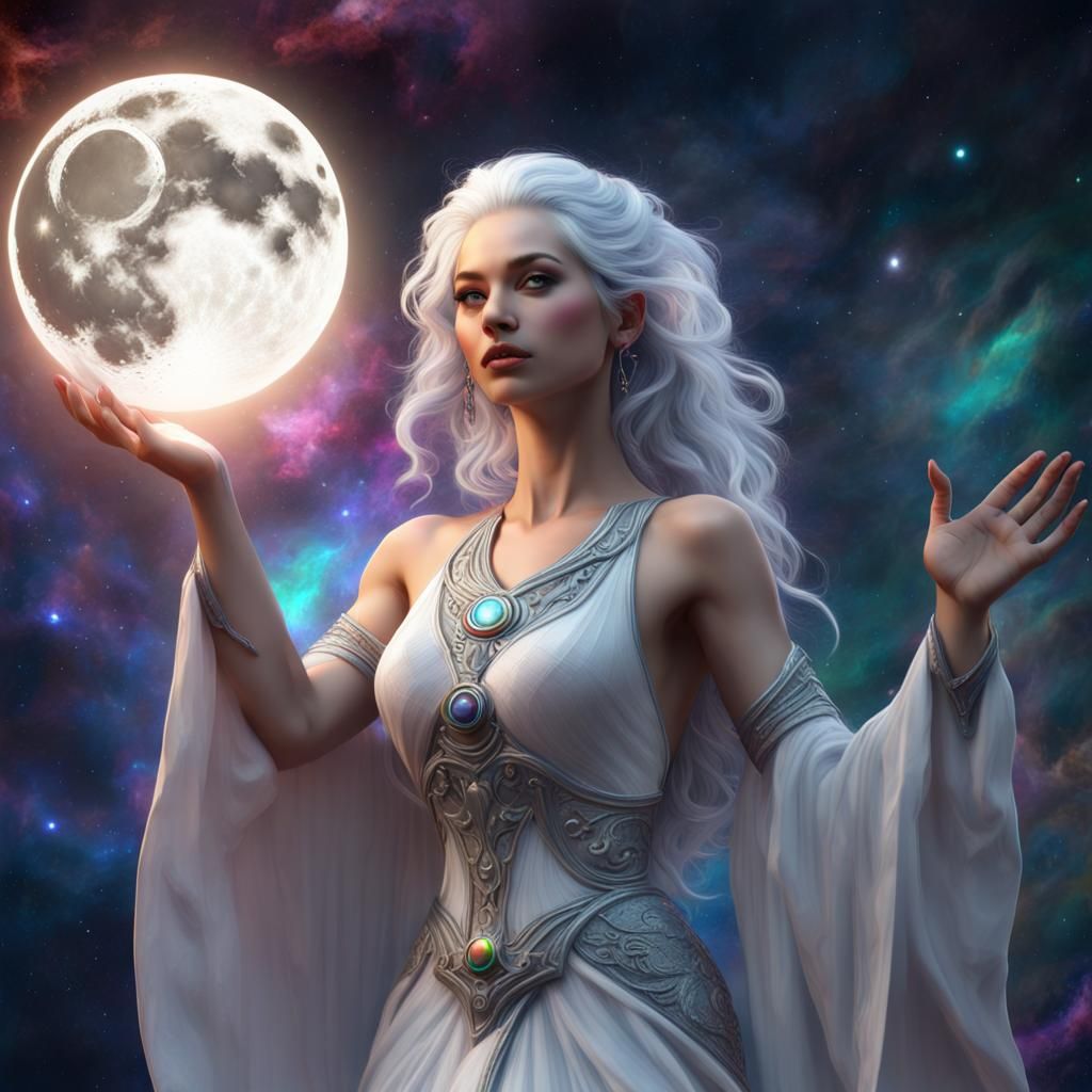 Silver-Haired Goddess Holding the Moon in Nebula