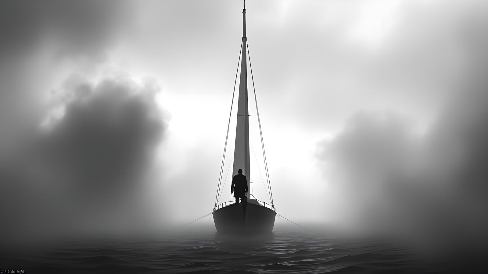 Sailboat Emerges from Mist with Shadowy Figure
