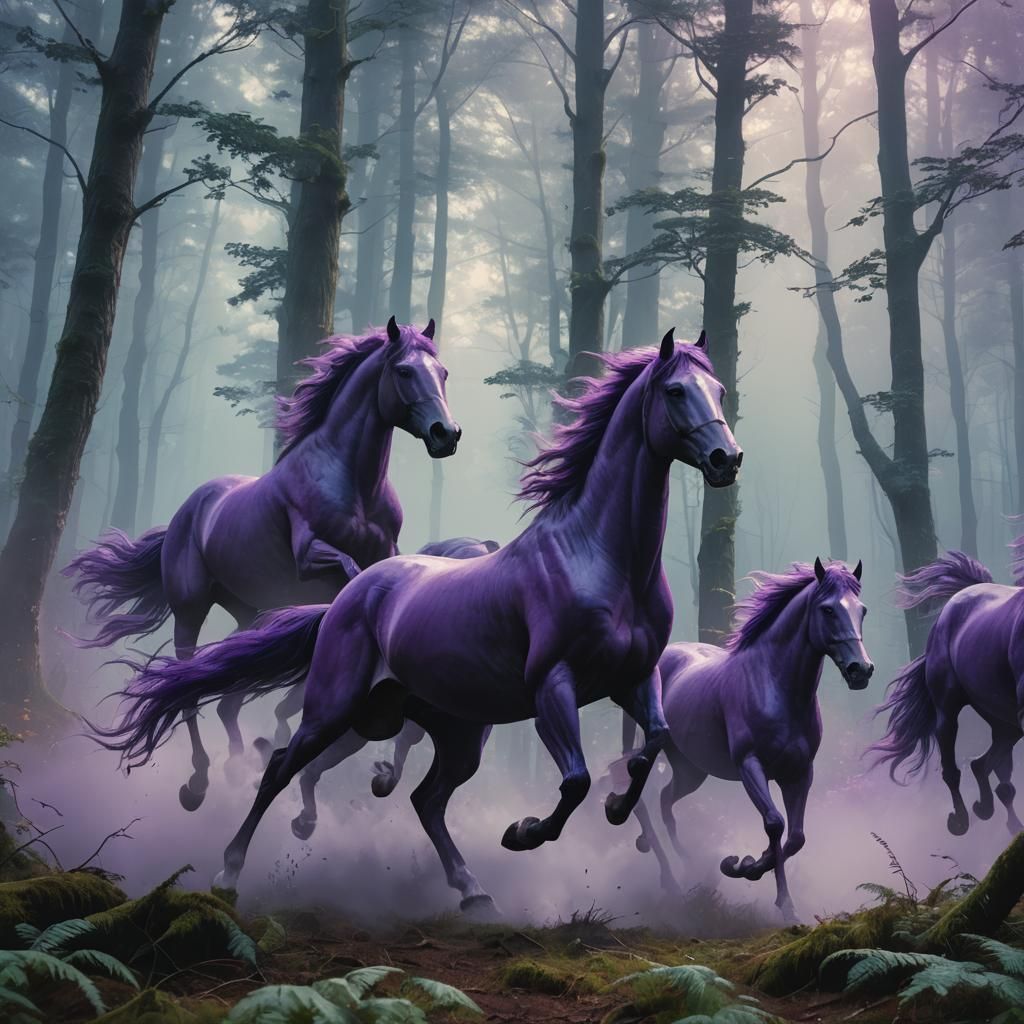 Purple Horses Galloping Through Mystical Forest